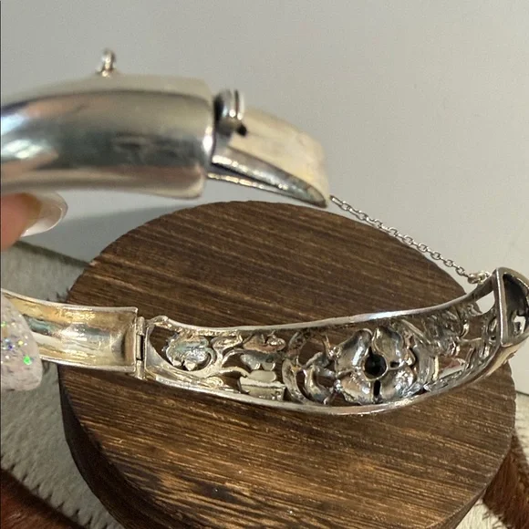Ornate Filigree Marcasite Rose, Flower Hinged Bracelet - 925, Sterling Silver - Picture 6 of 7